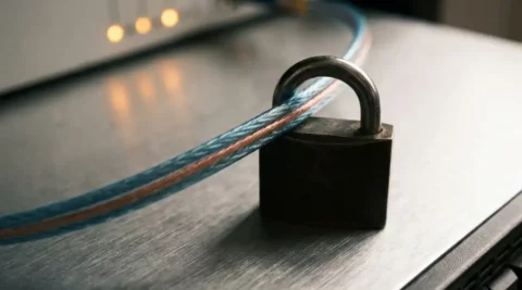 Vezeloptische kabel met hangslot op donker serverrek, amberkleurige indicatielampjes op de achtergrond, symboliseert netwerkbeveiliging.