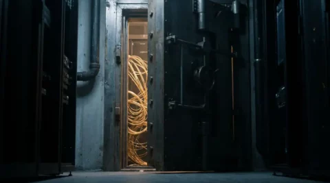 Zware stalen kluisdeur op een kier met gloeiende glasvezelbundel binnenin, donkere industriële serverruimte.