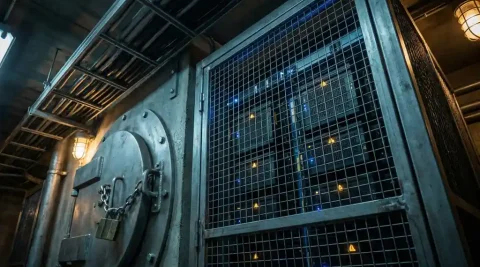 Beveiligde fiber optic kabelkluis met metalen slot en kwantumversleutelingsmodules in industrieel rack, verlicht door amberkleurig waarschuwingslicht.