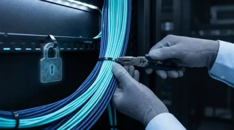 Glasvezelkabels vastgezet op serverrack met precisietool, gloeiende cyaan lichtdraden en fysiek hangslot als beveiligingssymbool.
