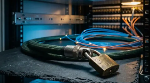 Gepantserde glasvezelkabel met messing hangslot op donkere leisteen in een professionele netwerkrack omgeving.