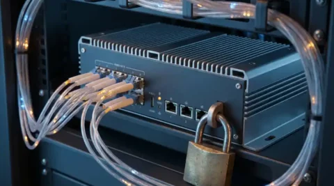 Industriële netwerkrouter in serverrack met gloeiende glasvezelkabels en hangslot op het chassis.