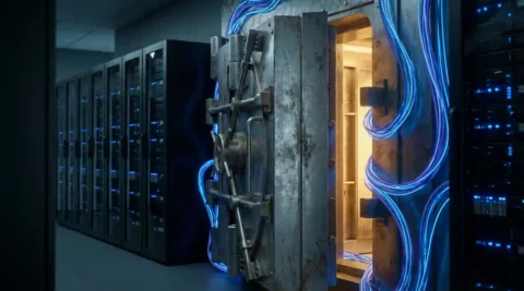 Zware stalen kluisdeur op een kier in serverruimte met glasvezelkabels en warm amberkleurig licht dat beschermde data-infrastructuur suggereert.