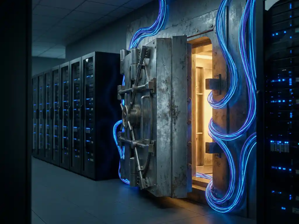 Zware stalen kluisdeur op een kier in serverruimte met glasvezelkabels en warm amberkleurig licht dat beschermde data-infrastructuur suggereert.