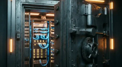Zware stalen kluisdeur op een kier in een modern datacenter met zichtbare serverracks, patchpanelen en kabelgoten op de achtergrond.