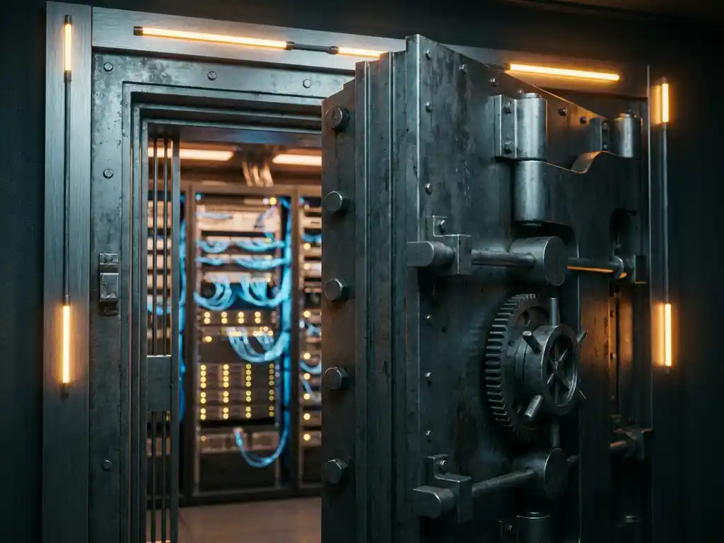 Zware stalen kluisdeur op een kier in een modern datacenter met zichtbare serverracks, patchpanelen en kabelgoten op de achtergrond.