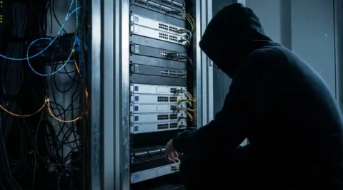 Gehurkte geheimnisvolle figuur in capuchon naast een rack-mounted netwerkswitch in donkere serverruimte met gloeiende glasvezelkabels.