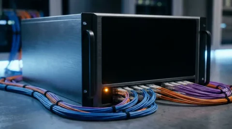 Enterprise netwerkrouter met donkere statusindicatoren en één amber waarschuwingslampje op serverroomvloer tussen glasvezelkabels.