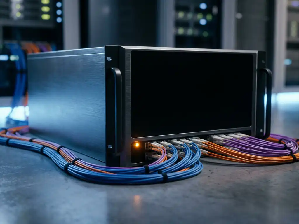 Enterprise netwerkrouter met donkere statusindicatoren en één amber waarschuwingslampje op serverroomvloer tussen glasvezelkabels.