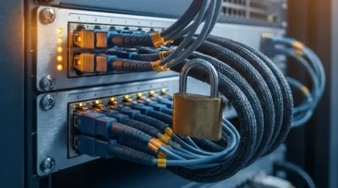 Hangslot tussen glasvezelkabels in enterprise netwerkkast, symboliseert fysieke netwerkbeveiliging en encryptie.