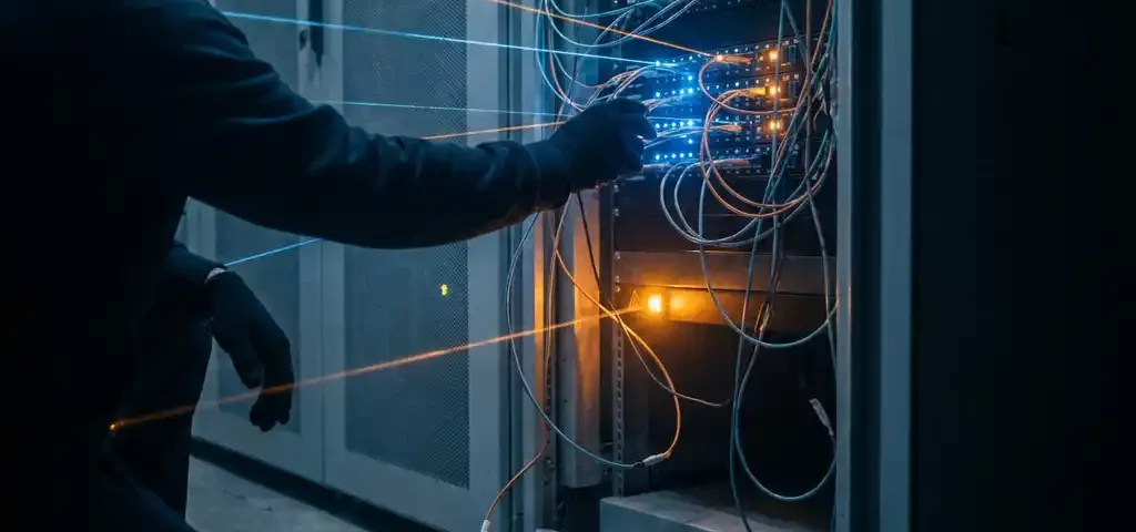 Schaduwachtige hand die een gloeiend fiber optic patchpaneel aanraakt in donkere serverruimte, losgekoppelde kabel bungelend tussen rack-hardware.
