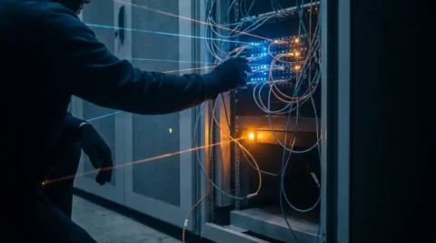 Schaduwachtige hand die een gloeiend fiber optic patchpaneel aanraakt in donkere serverruimte, losgekoppelde kabel bungelend tussen rack-hardware.