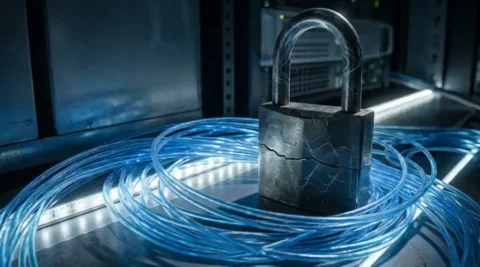 Gebarsten hangslot op gloeiende glasvezelkabels in blauwe serverruimte, kwantumpatronen gegraveerd in metaal.