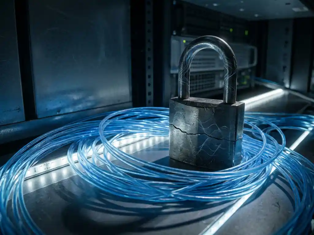 Gebarsten hangslot op gloeiende glasvezelkabels in blauwe serverruimte, kwantumpatronen gegraveerd in metaal.