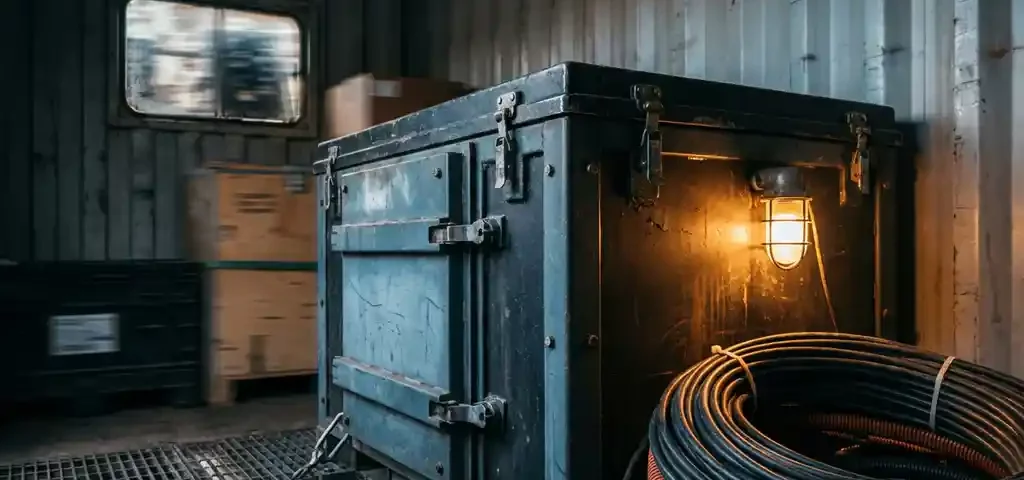 Geharde netwerkbehuizing met zware metalen sluitingen en netjes opgerolde glasvezelkabels in een rijdend vrachtvoertuig.
