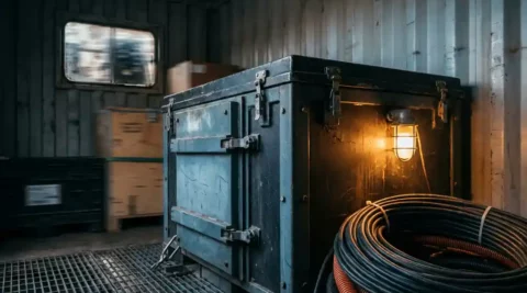 Geharde netwerkbehuizing met zware metalen sluitingen en netjes opgerolde glasvezelkabels in een rijdend vrachtvoertuig.
