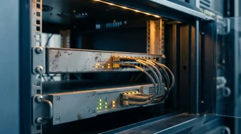Geharde netwerkswitch met glasvezelkabels in serverrack, beveiligingsapparaat eronder met oranje en groene indicatielampjes.