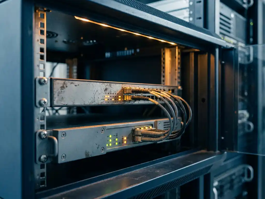 Geharde netwerkswitch met glasvezelkabels in serverrack, beveiligingsapparaat eronder met oranje en groene indicatielampjes.