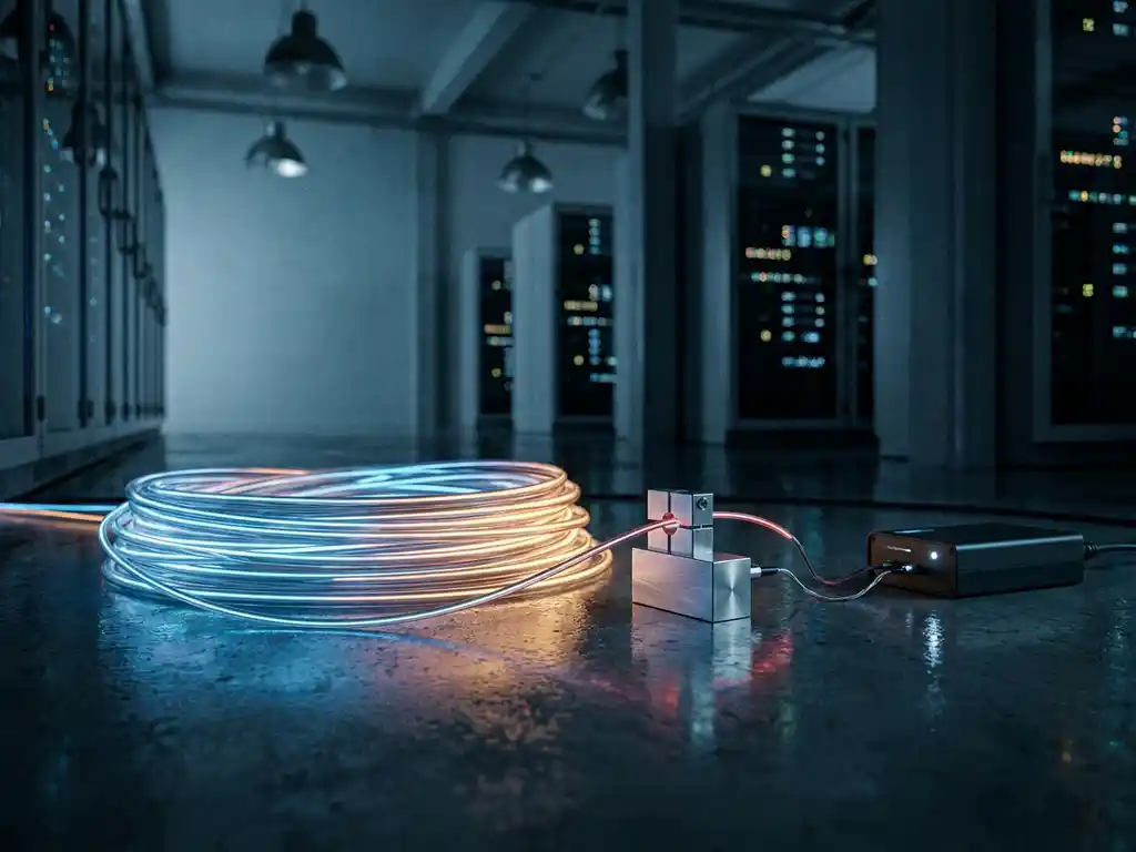Glasvezelkabel met verborgen metalen aftapapparaat in serverruimte, blauw en amberkleurig licht reflecterend op betonnen vloer.