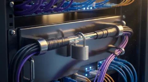 Padslot geklemd rond glasvezelkabelbundel in serverrack, omringd door violet-, blauw- en amberkleurige patchkabels.