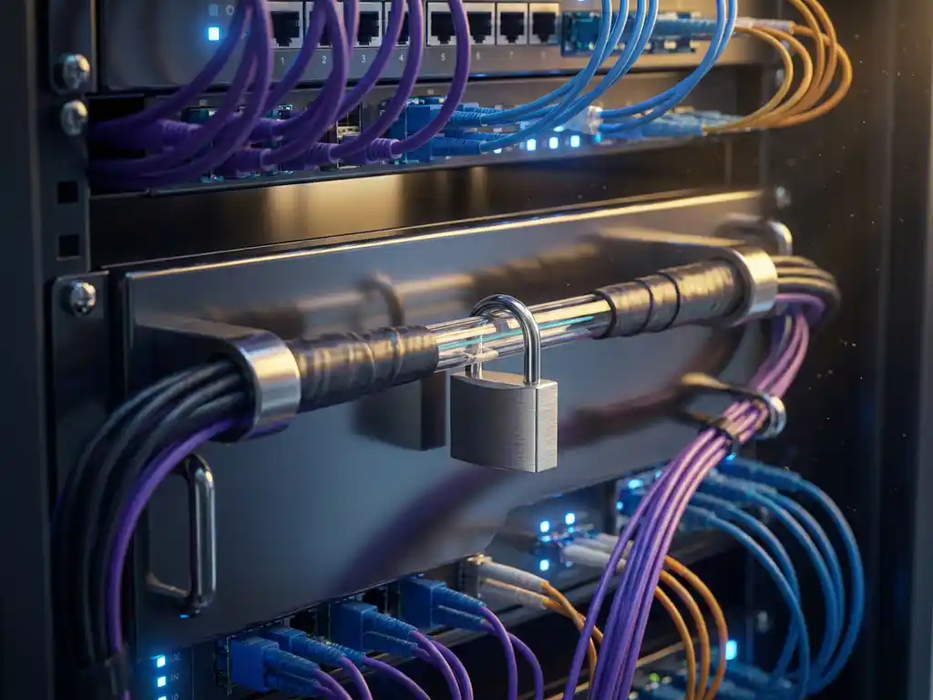 Padslot geklemd rond glasvezelkabelbundel in serverrack, omringd door violet-, blauw- en amberkleurige patchkabels.
