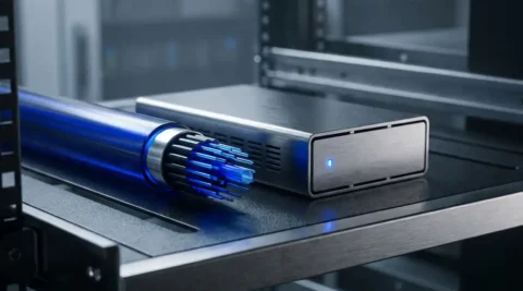 Doorsnede van een glasvezelkabel met blauw licht naast een hardware-encryptiemodule op een donker serverrek.