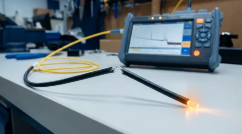Glasvezelkabel met zichtbare breukfout op witte werktafel, verbonden met handheld OTDR-testapparaat, oranje gloed aan vezeluiteinden.
