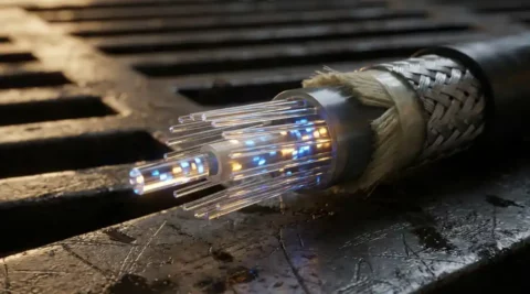 Doorsnede van een glasvezelkabel met gloeiende lichtpulsen door de glazen kern, omgeven door beschermende kabellagen op donker metaaloppervlak.