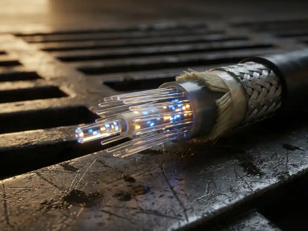 Doorsnede van een glasvezelkabel met gloeiende lichtpulsen door de glazen kern, omgeven door beschermende kabellagen op donker metaaloppervlak.