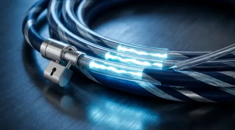 Glasvezelkabel met gloeiende cyaan lichtpulsen en geïntegreerd hangslot op donker geborsteld metaaloppervlak.