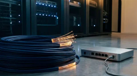 Glasvezelkabelbundel naast een losgekoppelde ethernet-router op een serverruimtevloer, verlicht door warm barnsteenlicht.