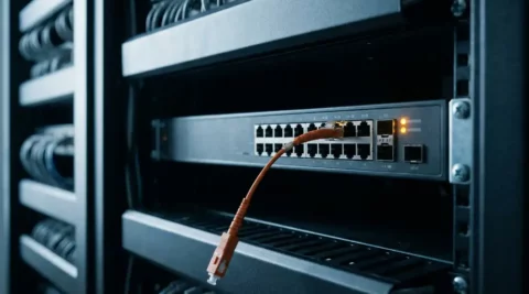 Losgekoppelde glasvezelkabel hangt van een enterprise-netwerkswitch in serverrack, amber waarschuwingslampje brandt op het paneel.