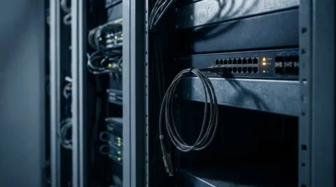 Losgekoppelde glasvezelkabel hangt van een ongepatcht netwerkswitch in een donkere serverruimte met oranje waarschuwingslicht.
