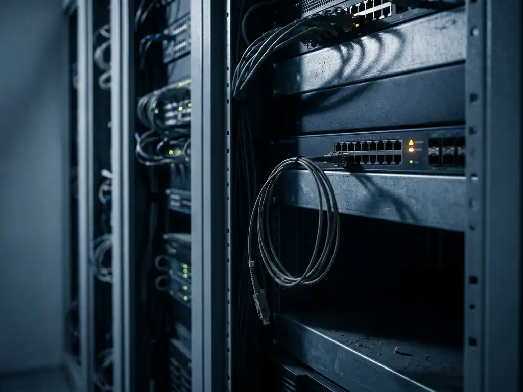 Losgekoppelde glasvezelkabel hangt van een ongepatcht netwerkswitch in een donkere serverruimte met oranje waarschuwingslicht.