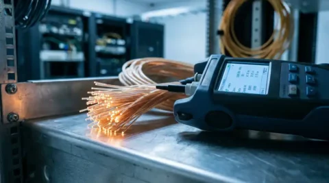 Glasvezelkabel gemeten met optische testapparatuur op metalen werkoppervlak in professionele netwerkinfrastructuur.