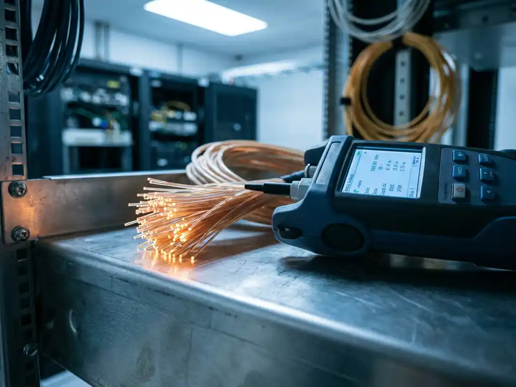 Glasvezelkabel gemeten met optische testapparatuur op metalen werkoppervlak in professionele netwerkinfrastructuur.