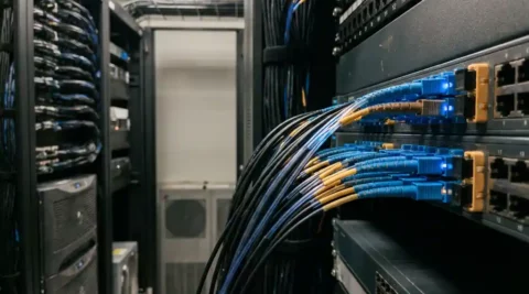 Glasvezelkabelbundel aangesloten op professioneel netwerkrack met gloeiende lichtstralen door gestructureerde patchpanelen in datacenter.