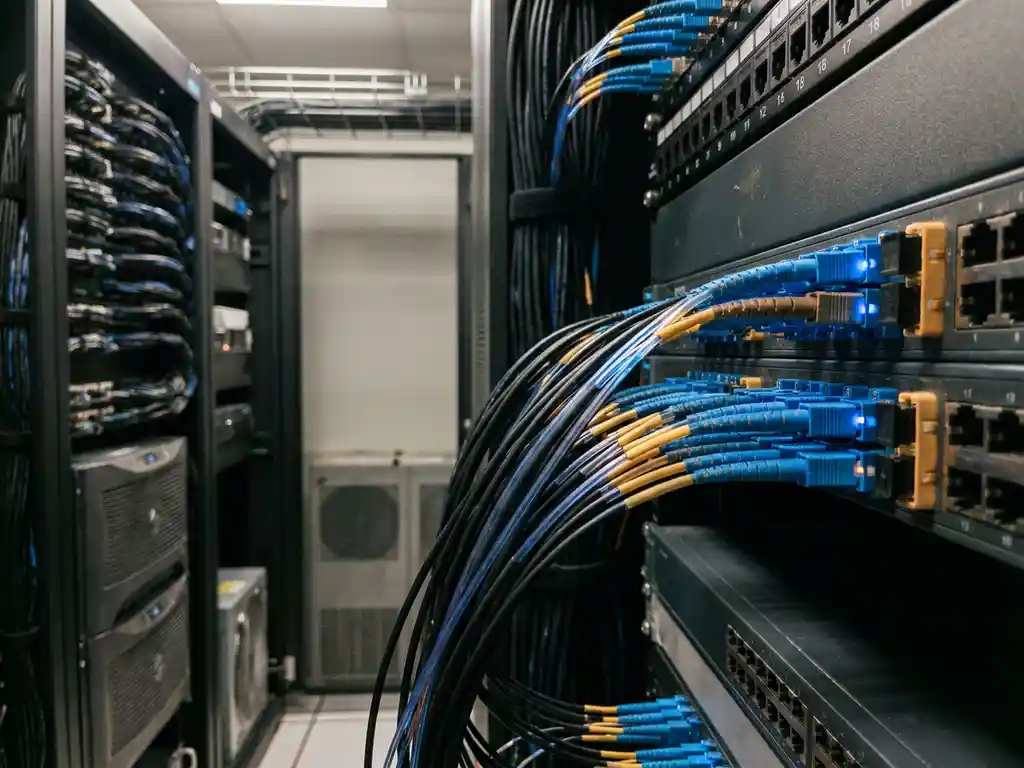 Glasvezelkabelbundel aangesloten op professioneel netwerkrack met gloeiende lichtstralen door gestructureerde patchpanelen in datacenter.