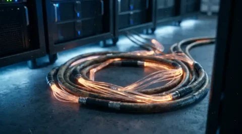 Glasvezelkabelbundel met gloeiend amber licht op serverroomvloer, omringd door enterprise rackapparatuur.