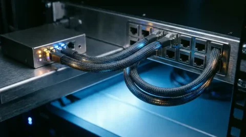Glasvezelkabelbundel gesplitst in twee paden in serverruimte, één verbonden met actief monitoringapparaat, ander door patchpanel geleid.