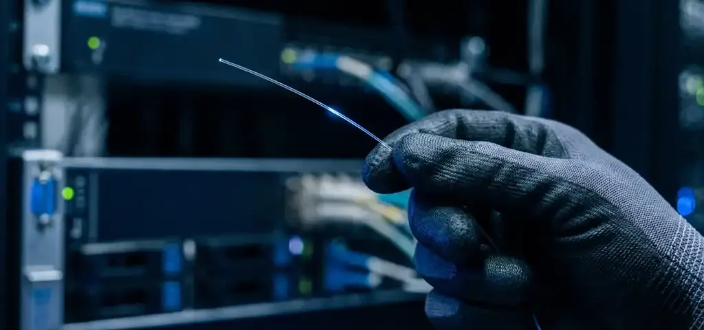 Gehandschoende hand houdt een glasvezelkabel omhoog in blauw licht, met serverrack op de achtergrond.