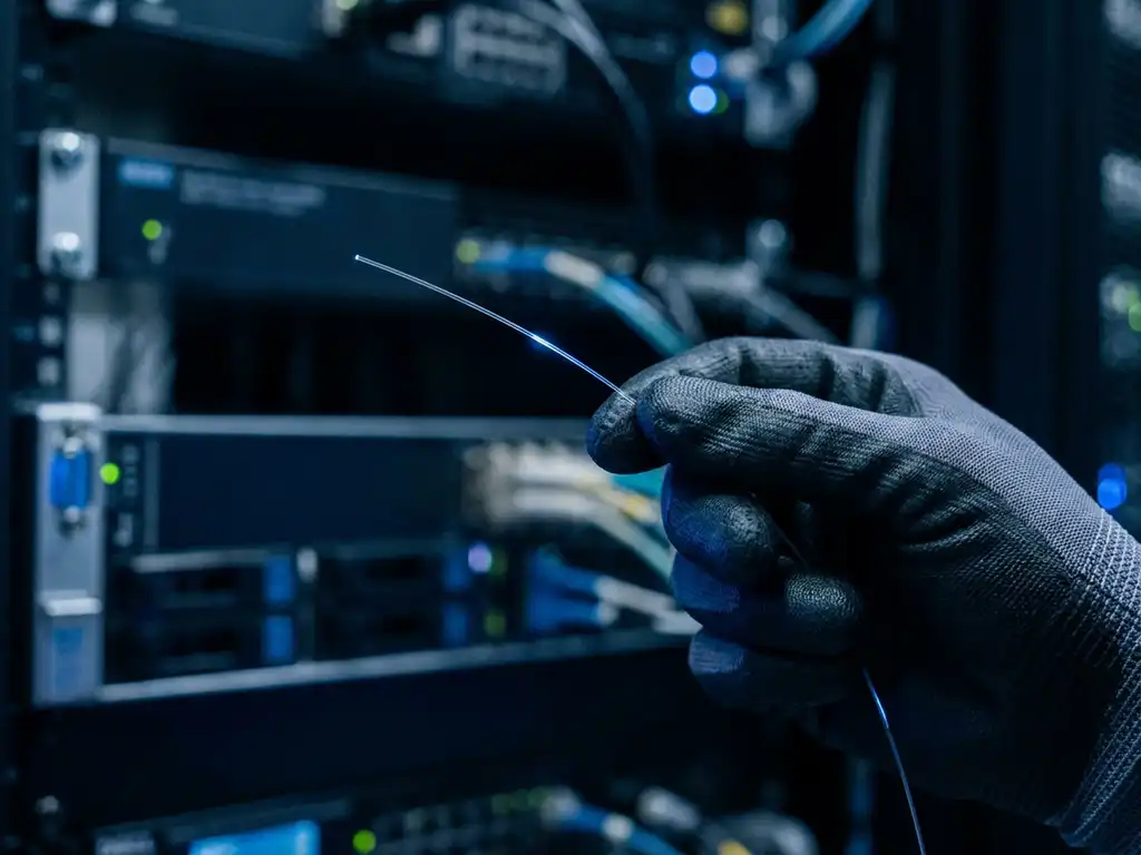 Gehandschoende hand houdt een glasvezelkabel omhoog in blauw licht, met serverrack op de achtergrond.