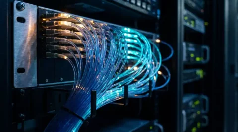 Glasvezelkabel bundel die uiteenloopt in lichtgevende strands in een donkere serverruimte, met zichtbare lichtpulsen in cyaan en amber tinten.