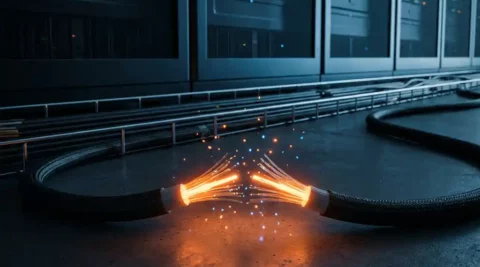 Doorgesneden glasvezelkabel met oranje lichtsignaal op serverroomvloer, kabelgoten en rackinfrastructuur op de achtergrond.