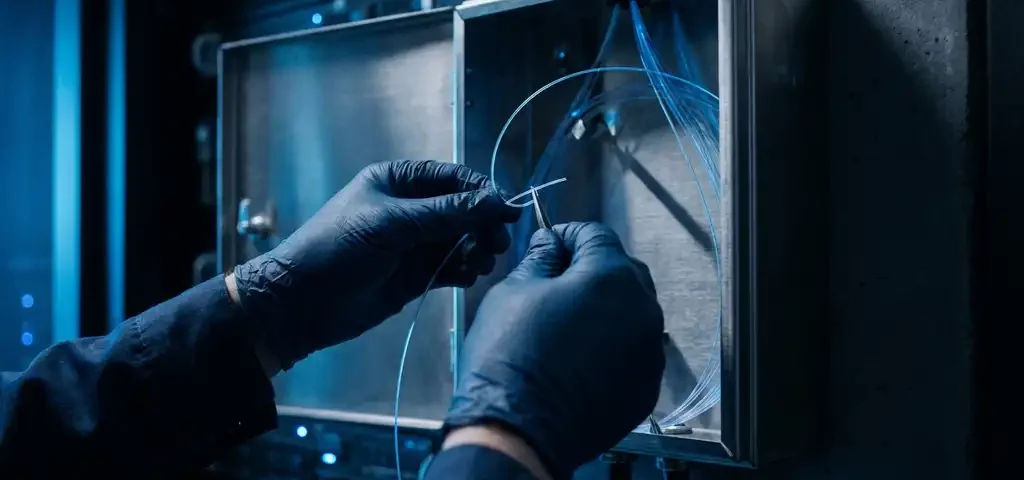 Technicus met handschoenen die een glasvezelkabel aansluit in een open splitsbehuizing, verlicht door blauw licht in serverruimte.