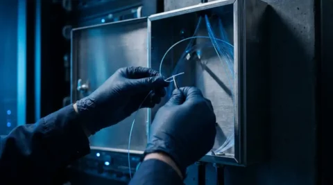 Technicus met handschoenen die een glasvezelkabel aansluit in een open splitsbehuizing, verlicht door blauw licht in serverruimte.