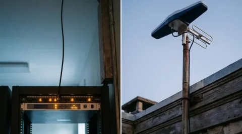 GNSS-antenne op een dak gericht op de lucht, verbonden met een rack-mounted timing apparaat in een serverruimte.