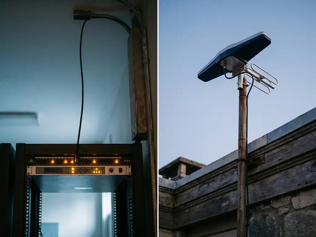 GNSS-antenne op een dak gericht op de lucht, verbonden met een rack-mounted timing apparaat in een serverruimte.