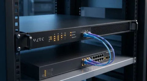 Rack-mounted hardware encryptie-appliance verbonden via glasvezelkabels met een netwerkswitch in een datacenter, met blauwe en amber LED-indicators.