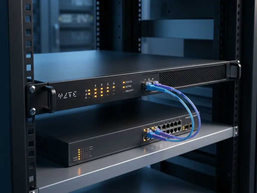 Rack-mounted hardware encryptie-appliance verbonden via glasvezelkabels met een netwerkswitch in een datacenter, met blauwe en amber LED-indicators.